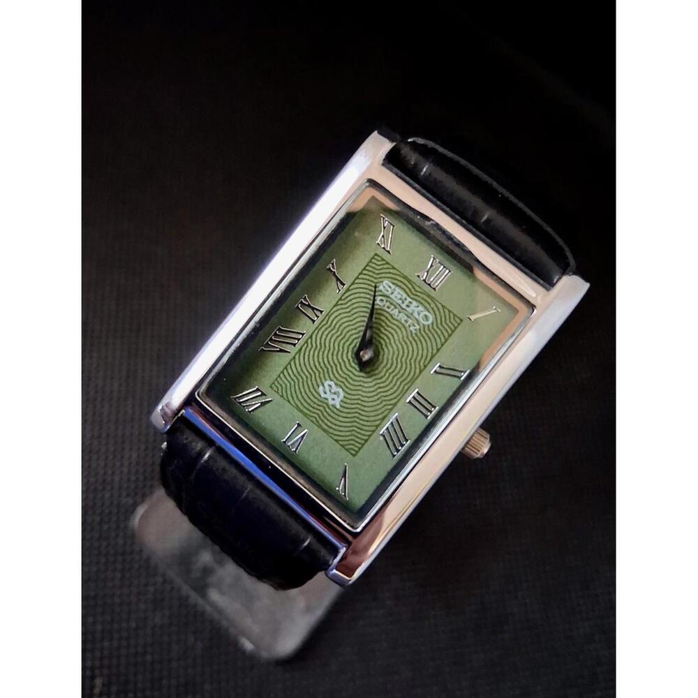 Seiko Green Dial Rectangular Dress Watch with Black Leather Strap